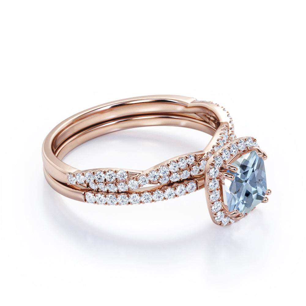 JeenMata Halo Prong Set - 1.5 Carat Cushion Cut Seafoam Created Aquamarine and Moissanite - Pave Twisted Infinity Wedding Ring Set - 18K White Gold Plating over Silver
