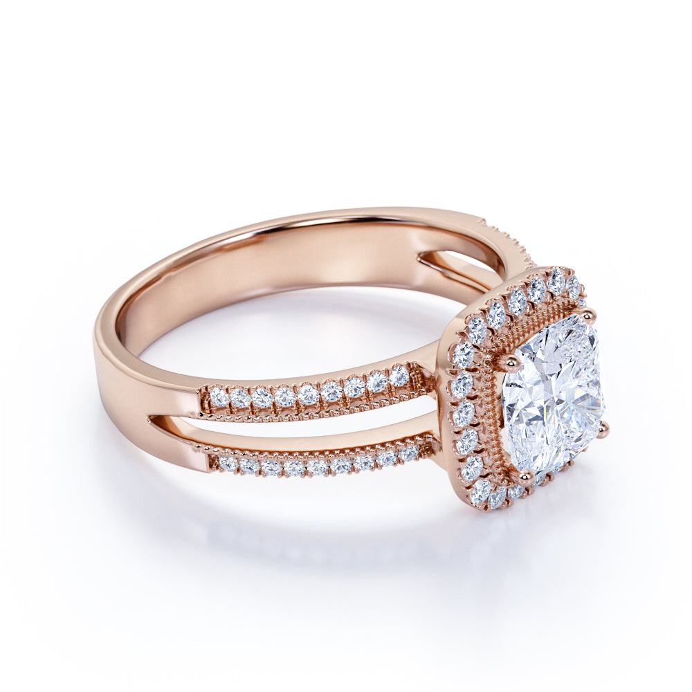 Pave 1.75 Carat Cushion Moissanite Halo Engagement Ring