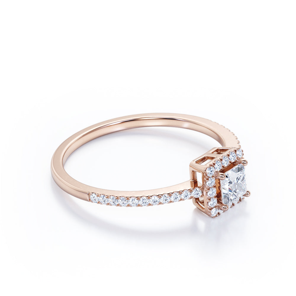 Pave 1 Carat Princess Cut Moissanite Halo Engagement Ring