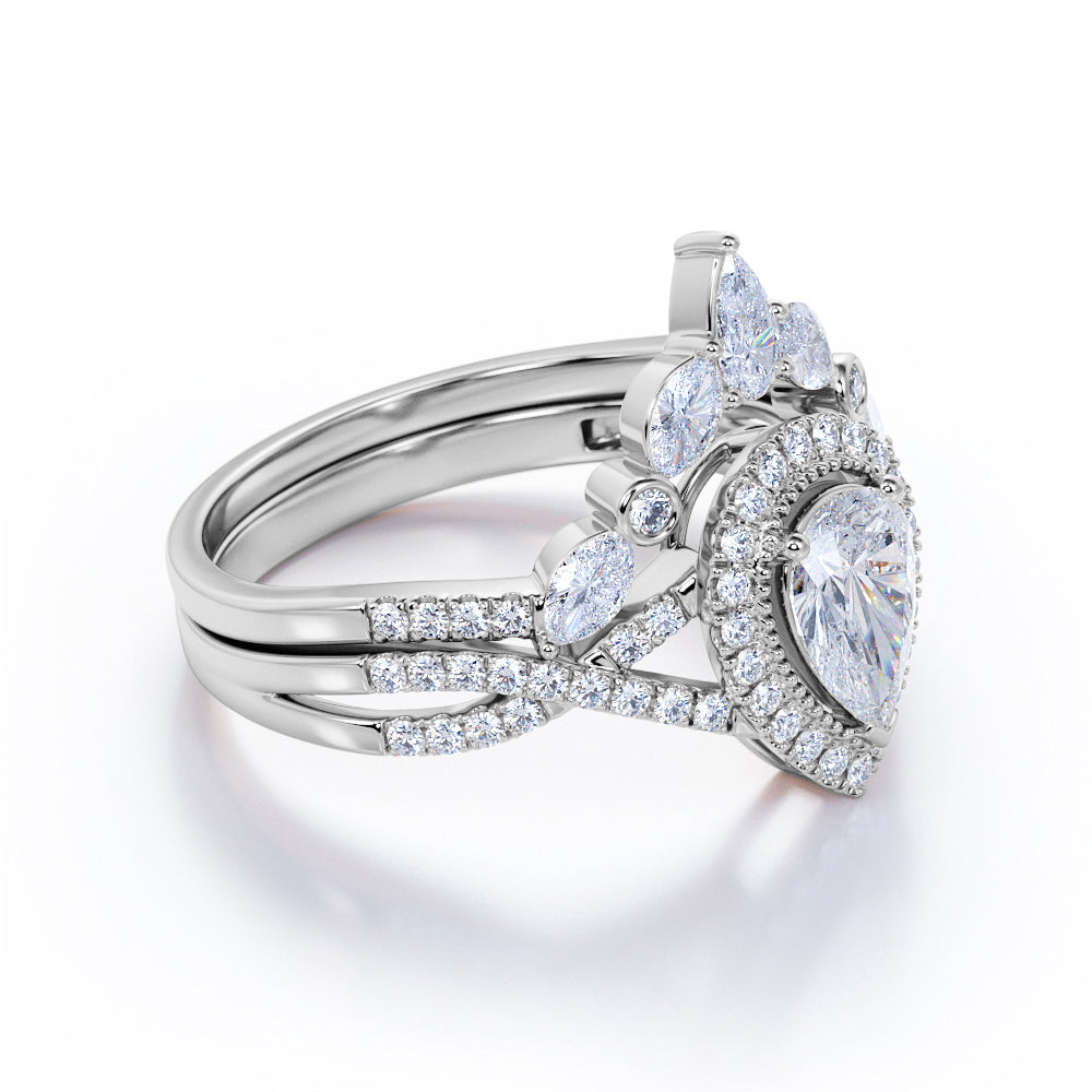 JeenMata 1.75 Carat Pear Cut Moissanite Bohemian Wedding Set - Infinity Engagement Ring with Art Deco Wedding Band in 10k White Gold