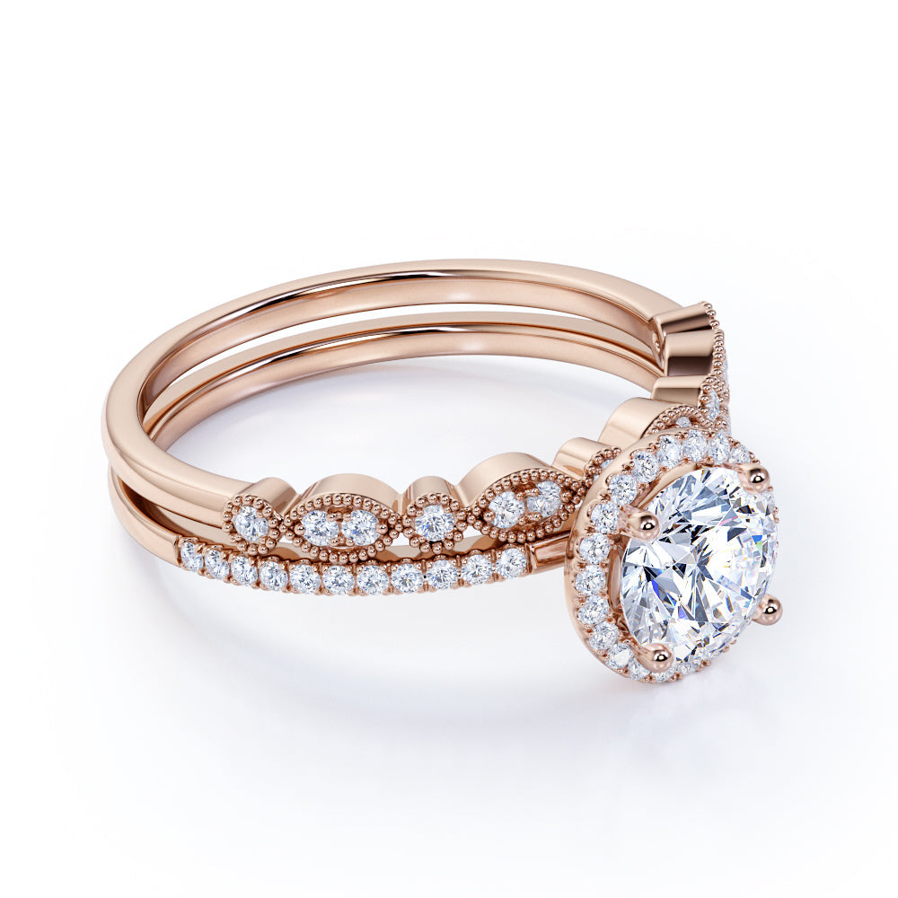 Certified 2 CT Round Lab Grown  Diamond Halo Art Deco Bridal Set