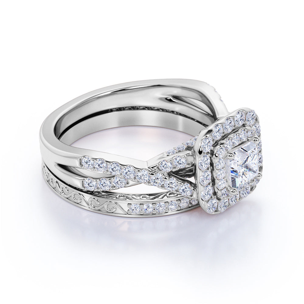 1.25 ct - Square Moissanite - Double Halo - Twisted Band - Vintage Inspired - Pave - Wedding Ring Set