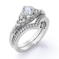 JeenMata Engraved 0.68 Carat Round Cut Real Diamond Victorian-Inspired Wedding Ring Set with Chevron Wedding Band in 10k White Gold