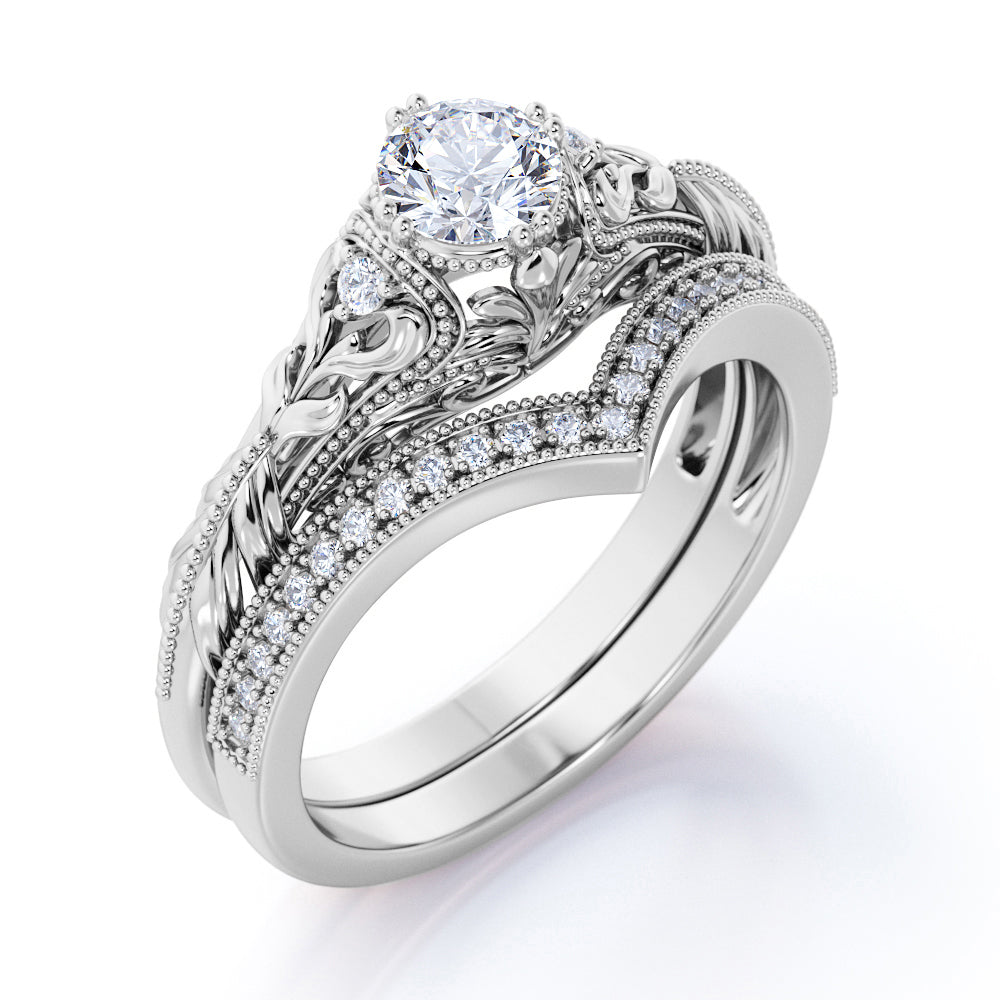 JeenMata Engraved 0.68 Carat Round Cut Real Diamond Victorian-Inspired Wedding Ring Set with Chevron Wedding Band in 10k White Gold
