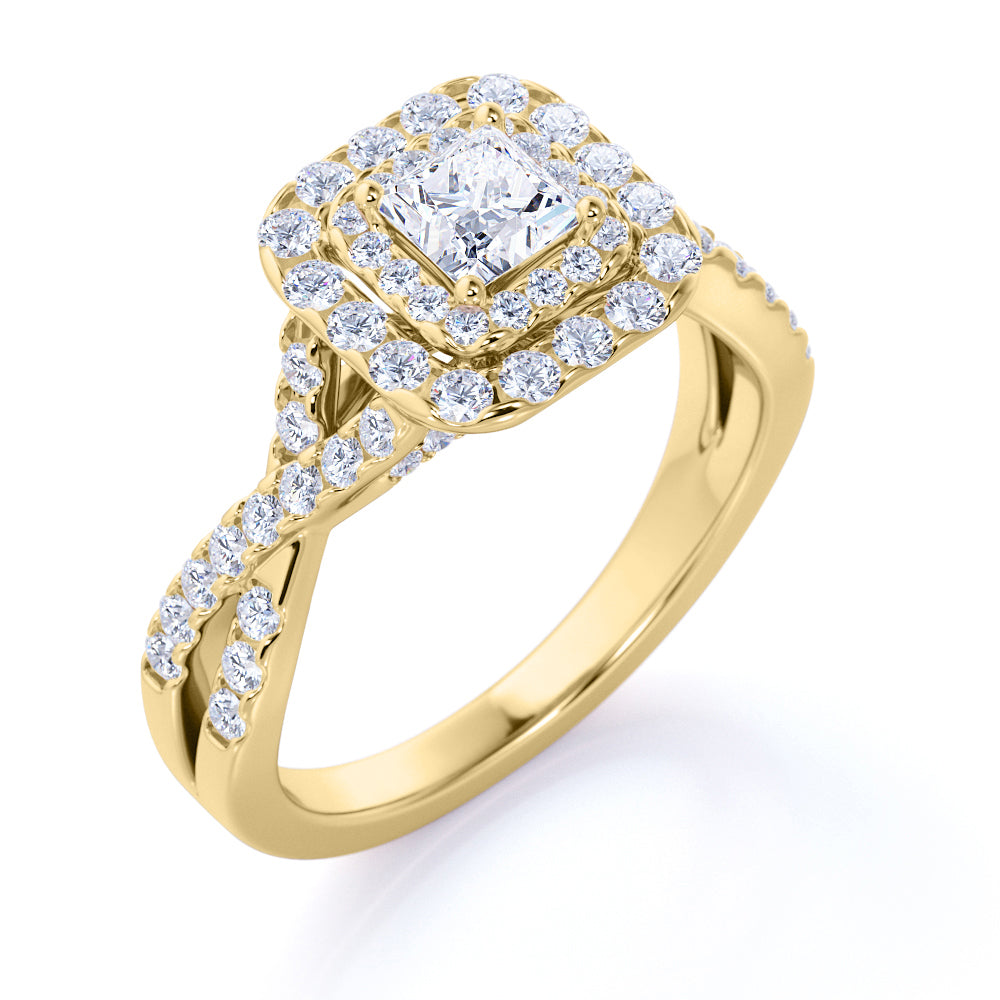 0.50 Carat - Square Cut Diamond - Twisted Band - Pave - Double Halo Engagement Ring - 10K White Gold