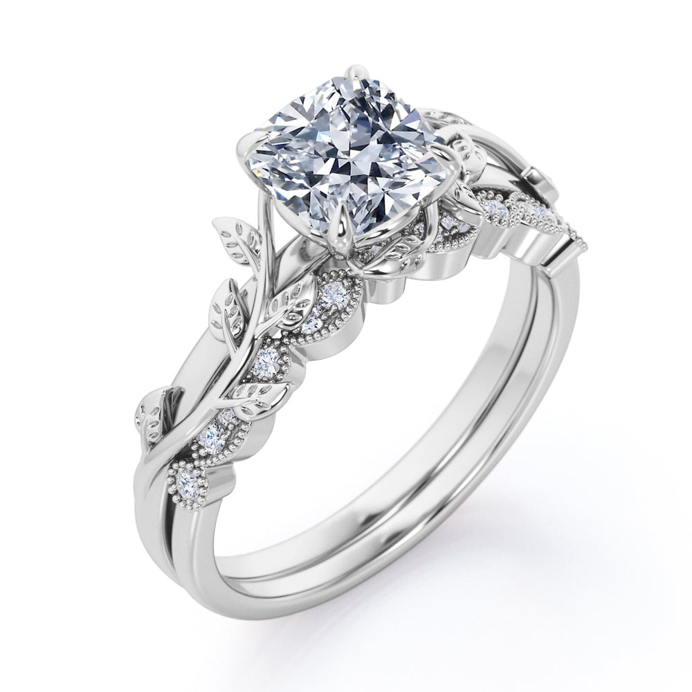 Floral 1.25 Carat Cushion Cut Moissanite Vintage Bridal Set