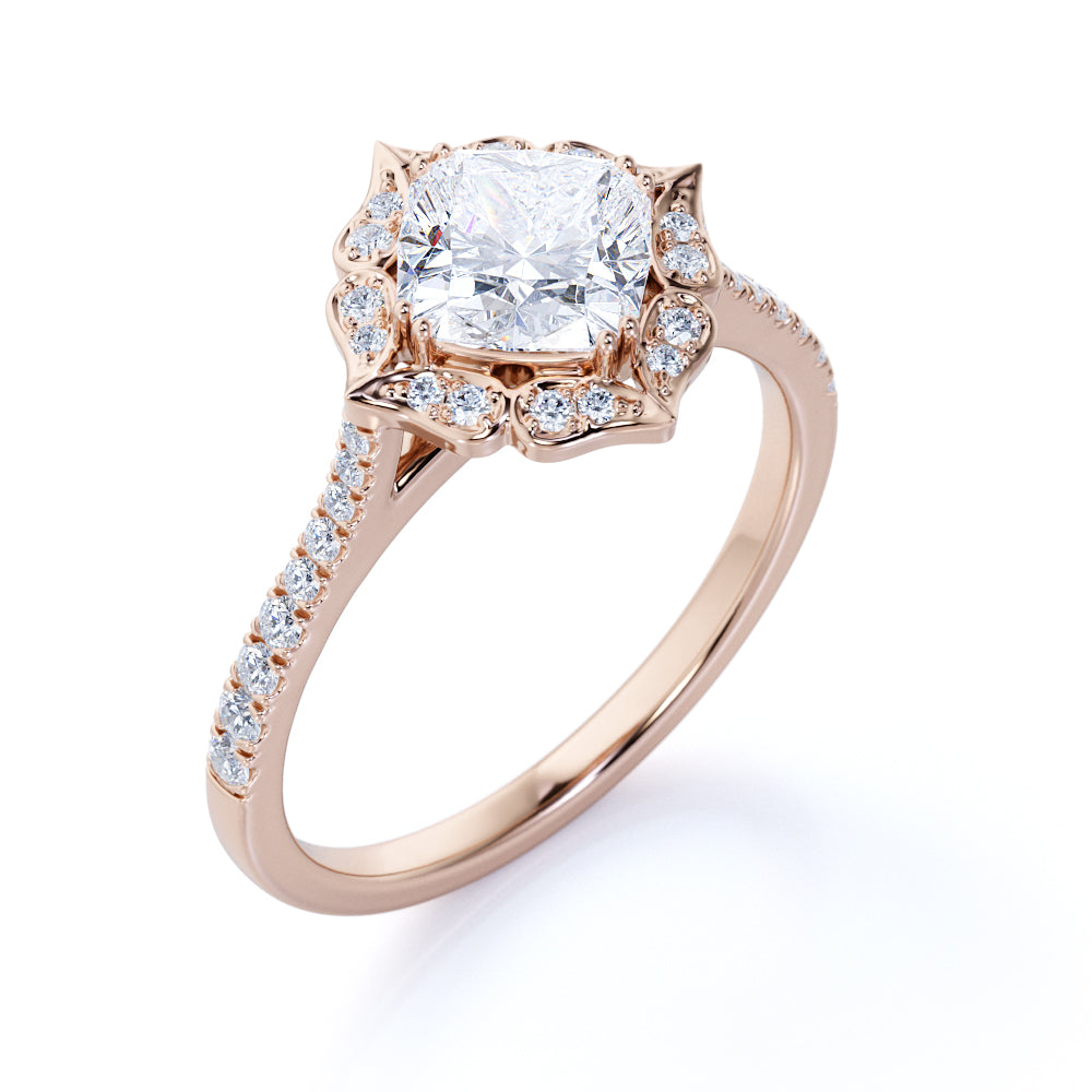 1.25 Carat Cushion Cut Moissanite Floral Engagement Ring