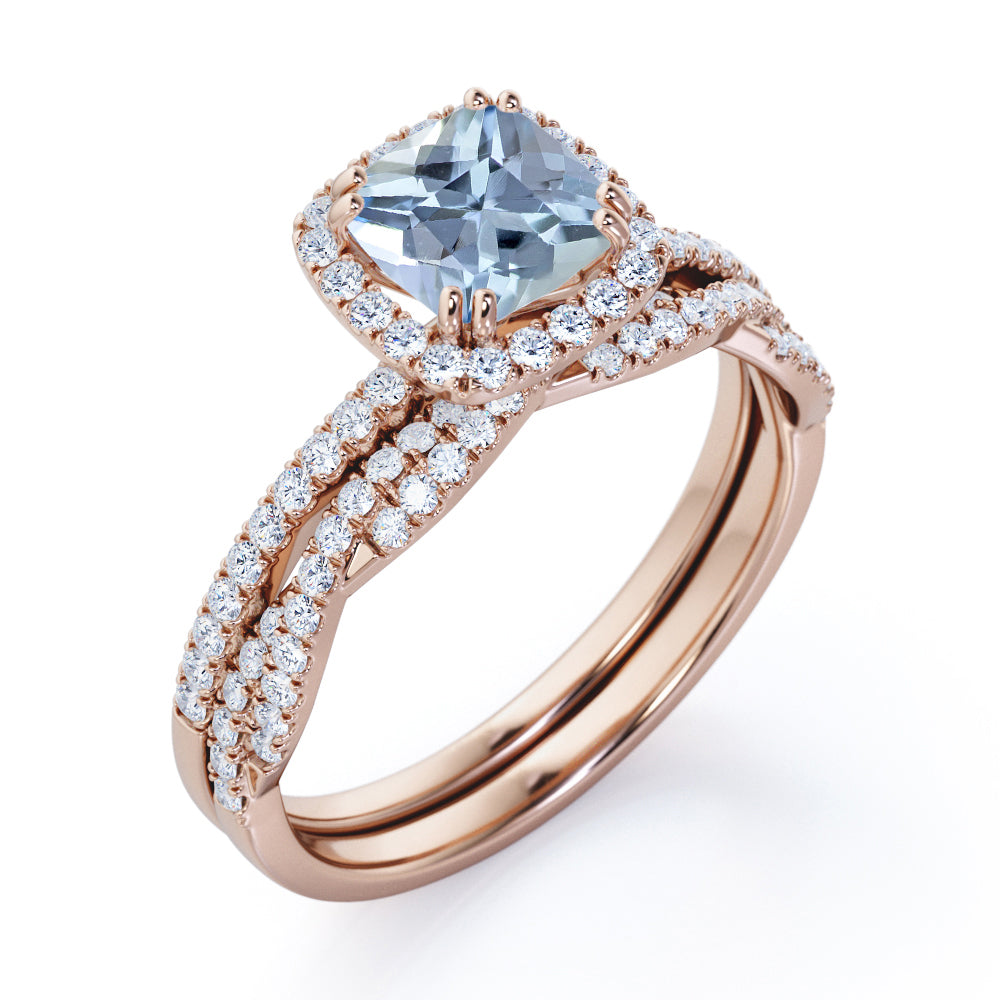 JeenMata Halo Prong Set - 1.5 Carat Cushion Cut Seafoam Created Aquamarine and Moissanite - Pave Twisted Infinity Wedding Ring Set - 18K White Gold Plating over Silver