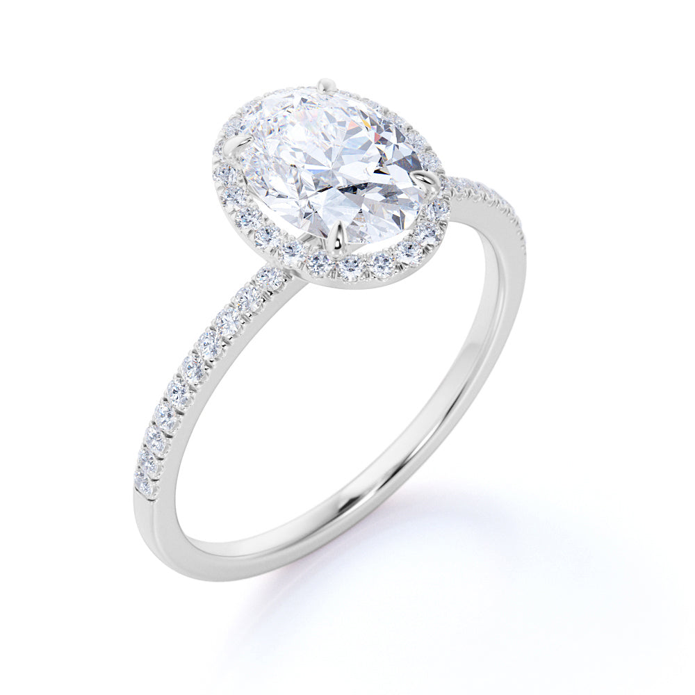 1.50 Carat Oval Cut Moissanite Engagement Ring - Bridal Set - Halo Ring - Handmade Ring - 18k White Gold Over Silver