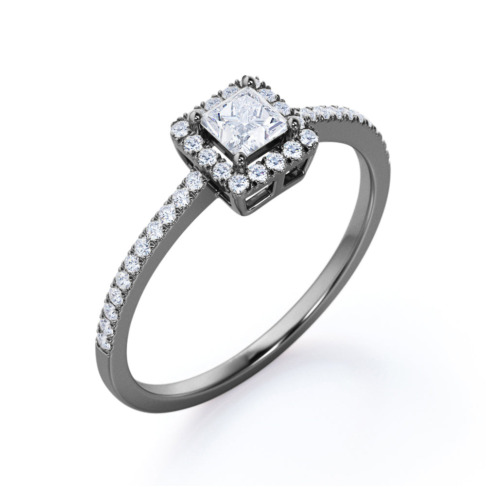 Pave 1 Carat Princess Cut Moissanite Halo Engagement Ring