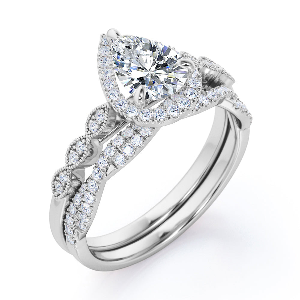 Art Deco 1.5 Carat Pear Cut Moissanite Wedding Ring Set
