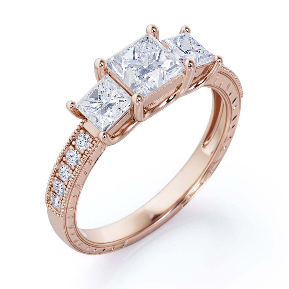 Trilogy 1.25 Carat Princess Cut Moissanite Milgrain Engagement Ring