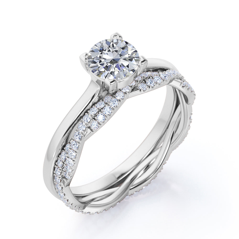 Certified 1.25 CT Round Lab Diamond and Twisted Solitaire Eternity Pave Bridal Set