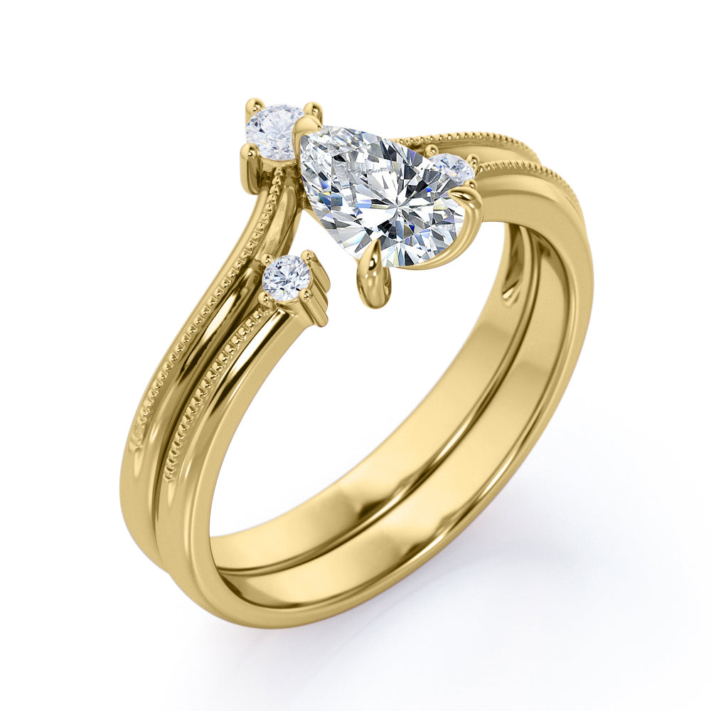 1 Carat Teardrop Moissanite V Shaped Wedding Ring Set