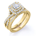 JeenMata Square Diamond - Double Halo - Twisted Band - Vintage Inspired - Pave - Wedding Ring Set in 10K Yellow Gold
