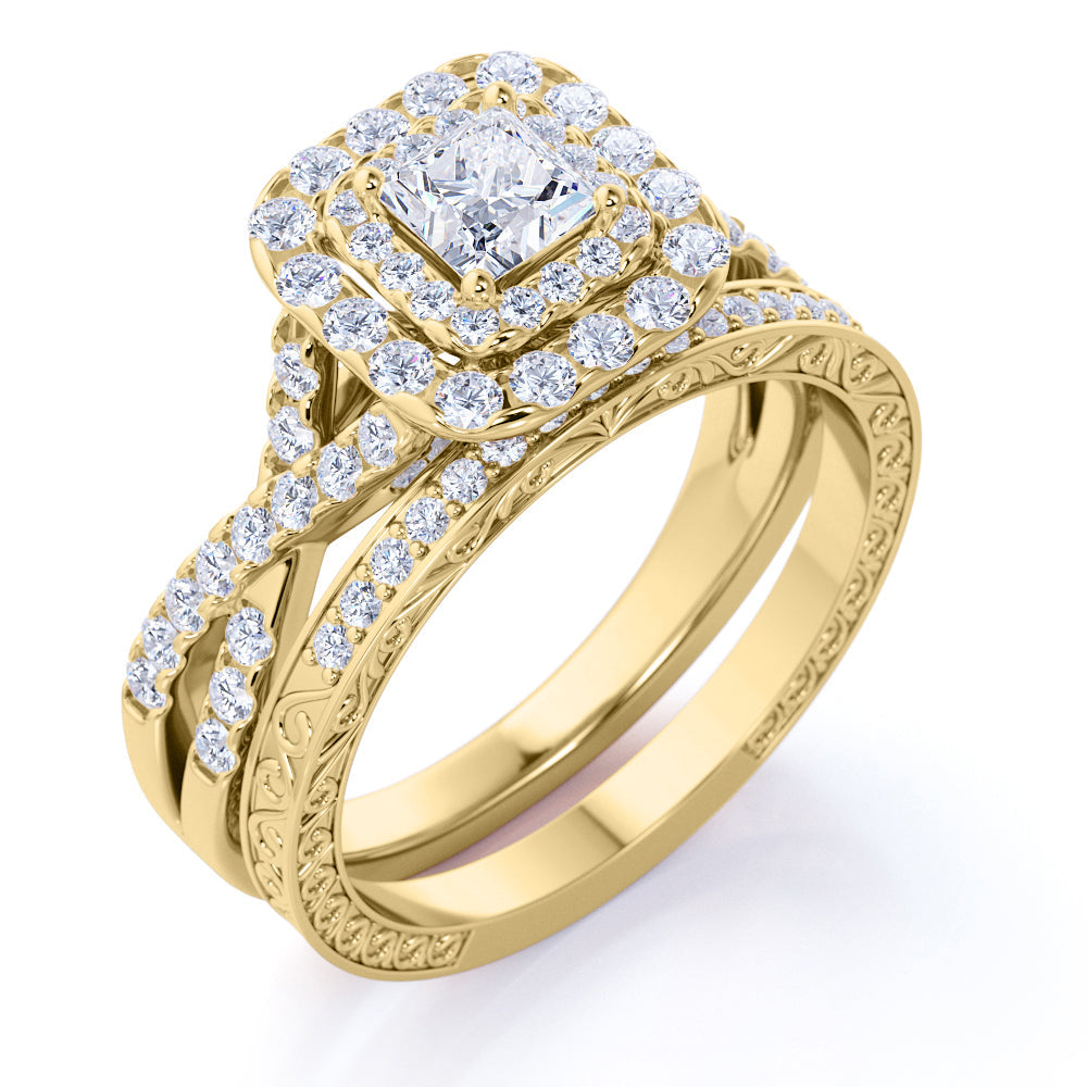JeenMata Square Diamond - Double Halo - Twisted Band - Vintage Inspired - Pave - Wedding Ring Set in 10K Rose Gold