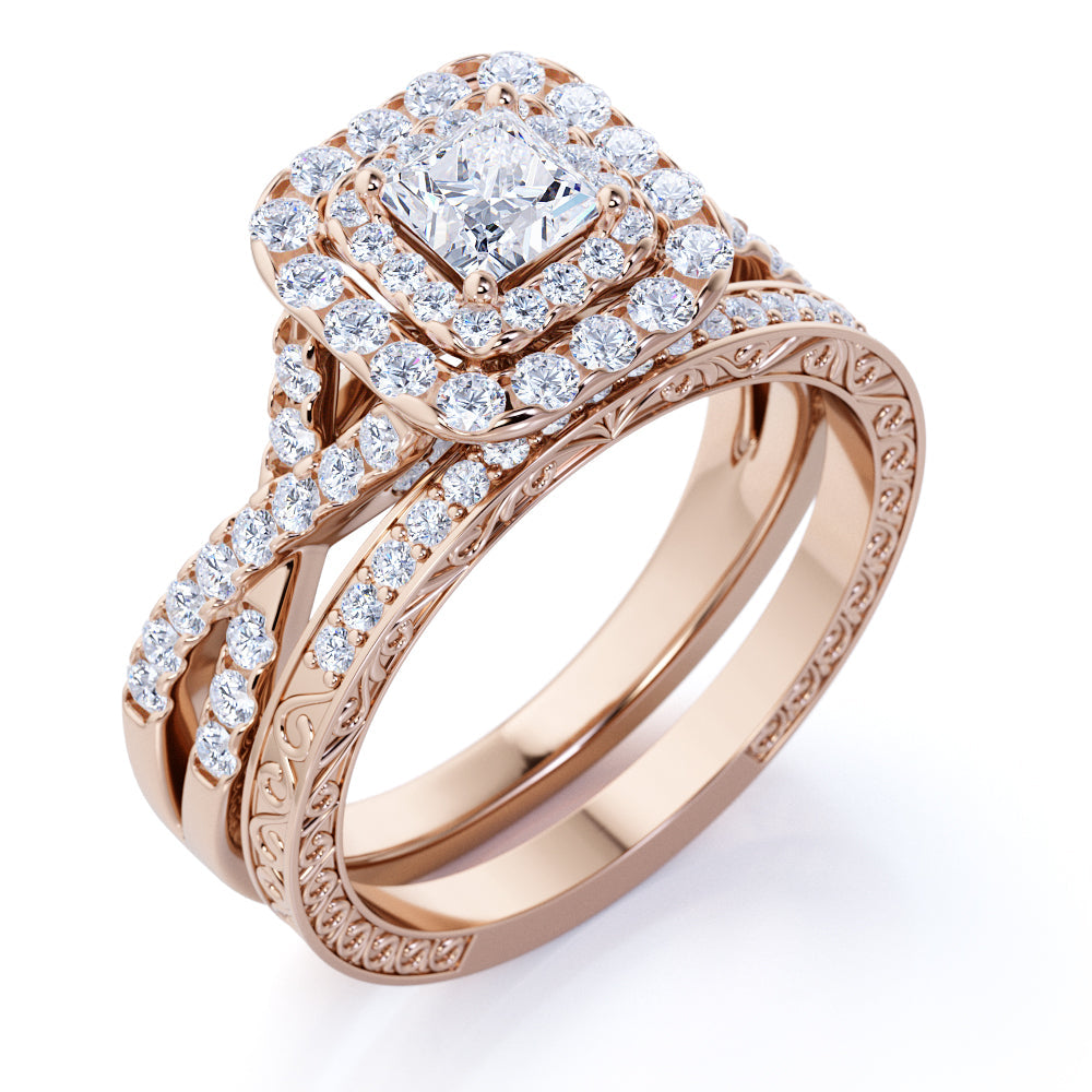 JeenMata Square Diamond - Double Halo - Twisted Band - Vintage Inspired - Pave - Wedding Ring Set in 10K Rose Gold