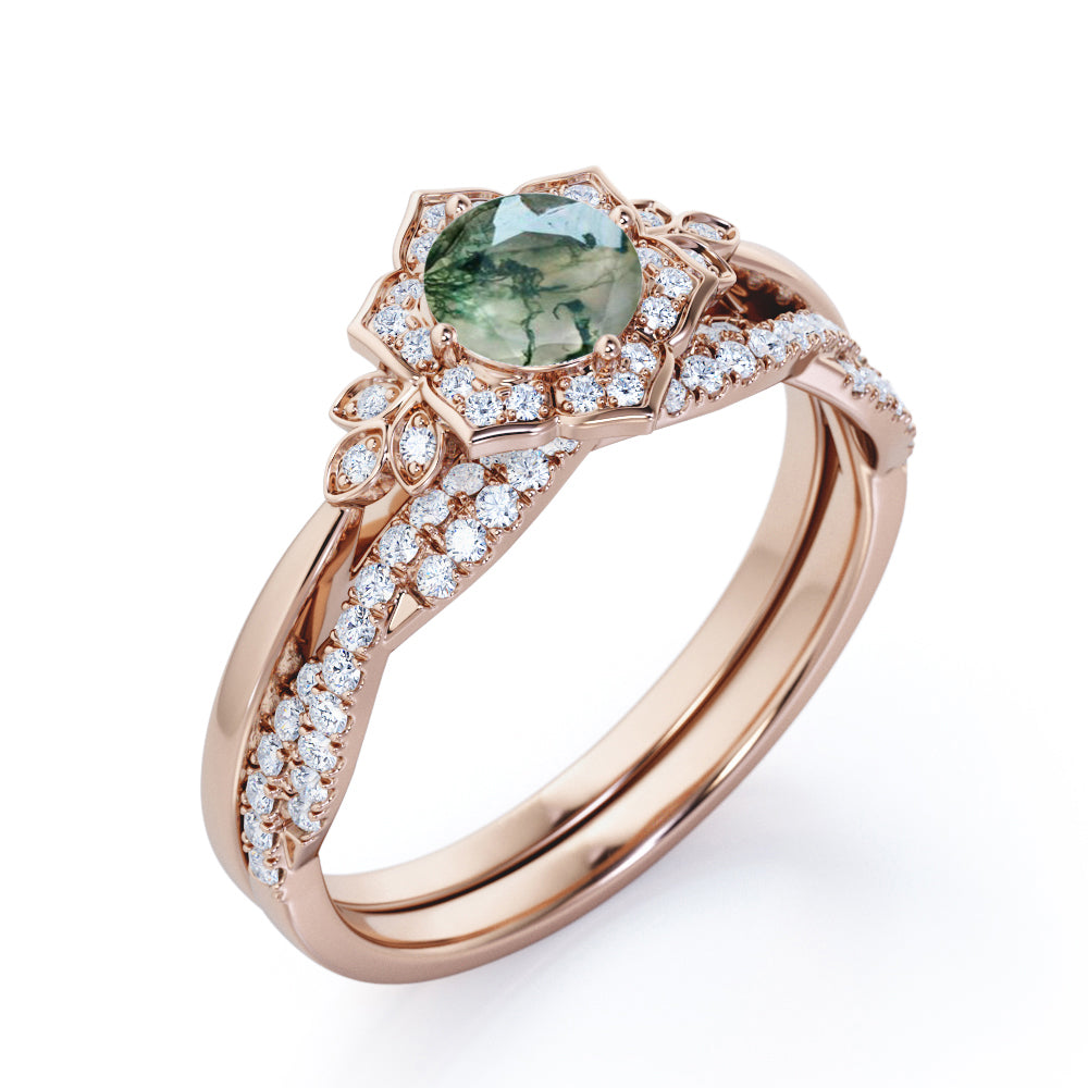 JeenMata Flower Halo Bezel 1.5 Carat Round Cut Milky Dendritic Moss Green Agate and Moissanite Infinity Twisted Band Wedding Ring Set in 18K Rose Gold Plating over Silver