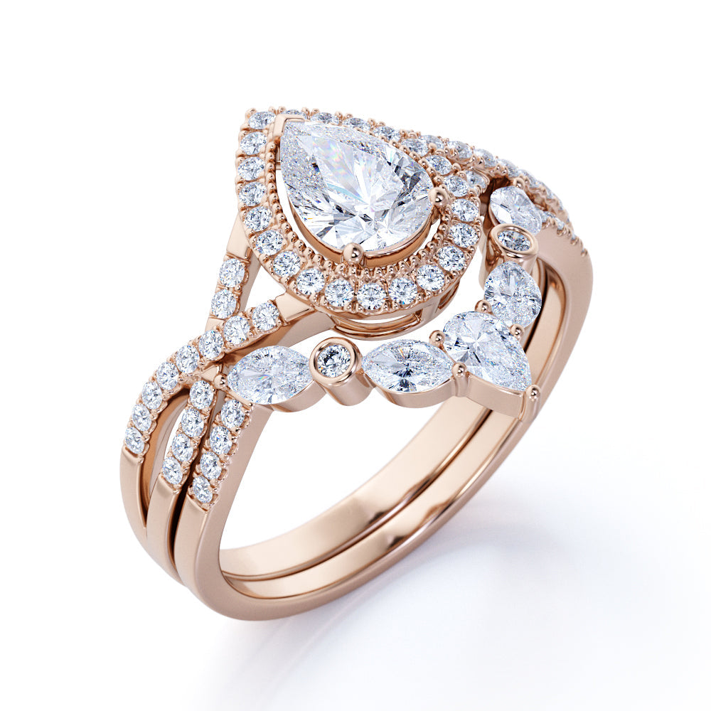 JeenMata 1.75 Carat Pear Cut Moissanite Bohemian Wedding Set - Infinity Engagement Ring with Art Deco Wedding Band in 10k White Gold