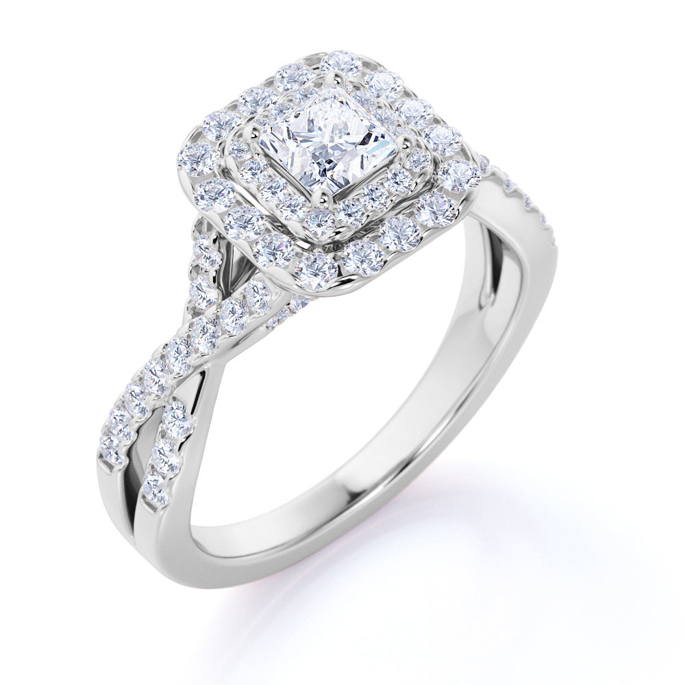 0.50 Carat - Square Cut Diamond - Twisted Band - Pave - Double Halo Engagement Ring - 10K White Gold
