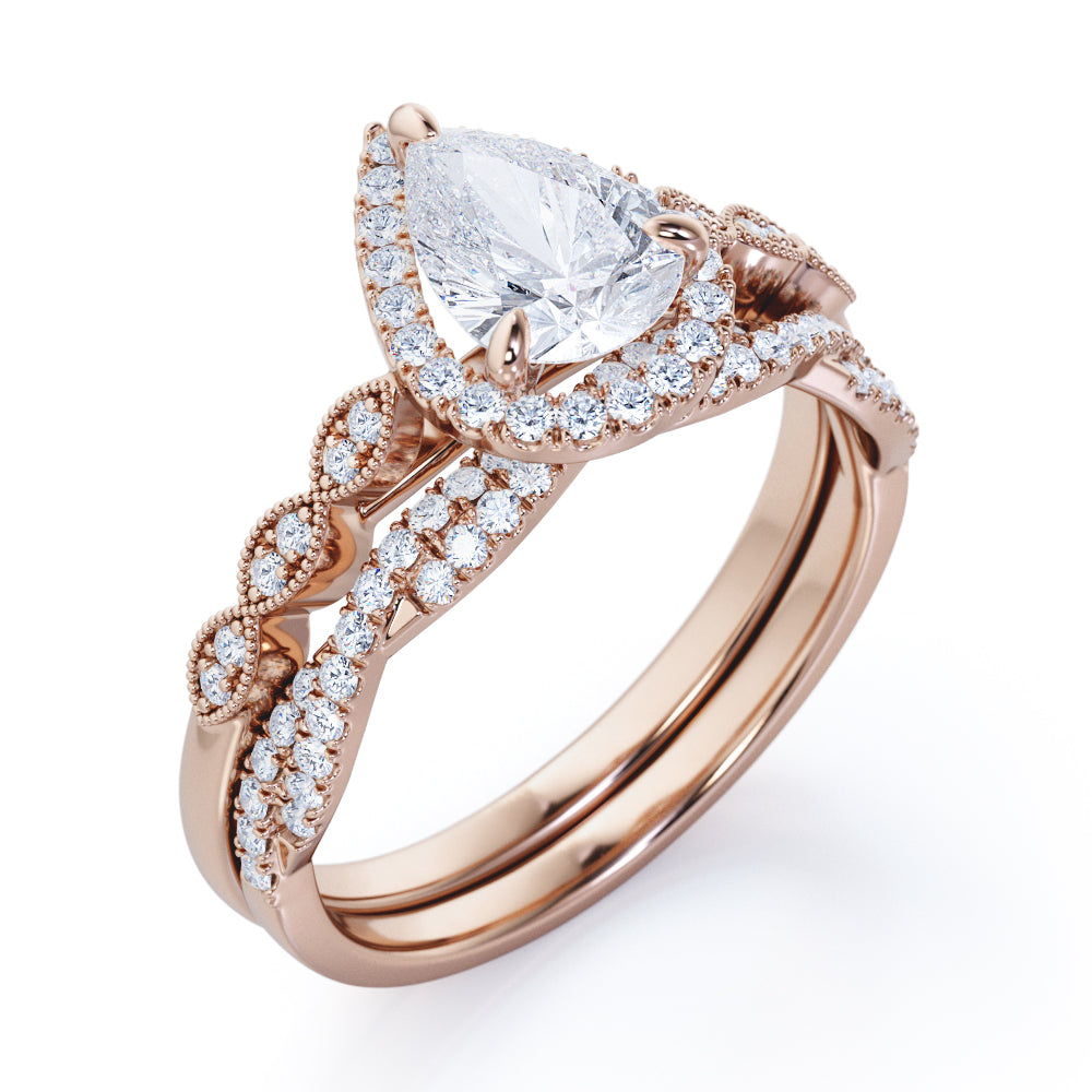 Art Deco 1.5 Carat Pear Cut Moissanite Wedding Ring Set