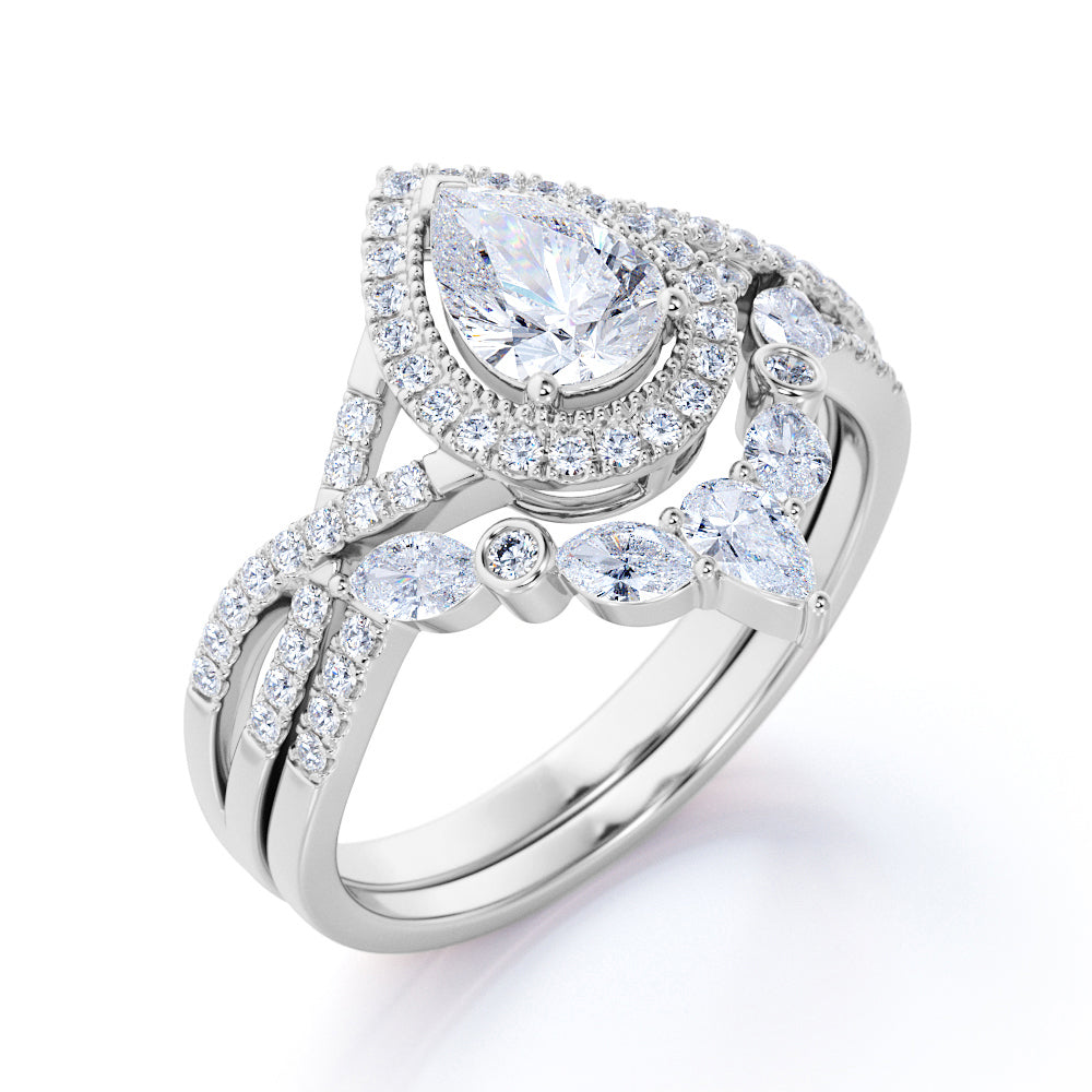 JeenMata 1.75 Carat Pear Cut Moissanite Bohemian Wedding Set - Infinity Engagement Ring with Art Deco Wedding Band in 10k White Gold