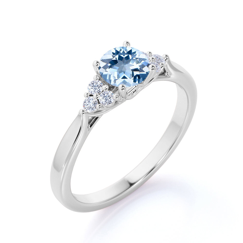 JeenMata 1.10 carat Round Light Blue Created Aquamarine 7 Stone Vintage Engagement Ring in 18k White Gold over Silver