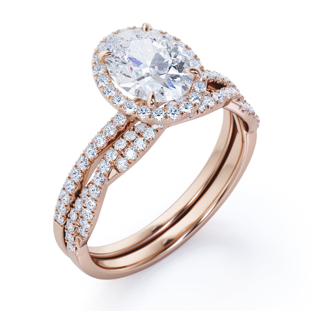 1.50 Carat Oval Cut Moissanite Halo Wedding Ring Set