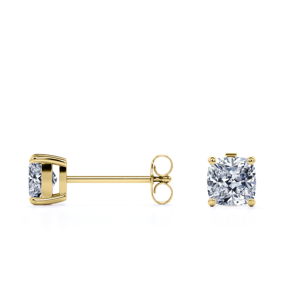 JeenMata 4 Prong - 1 Carat Cushion Cut Moissanite - Solitaire Stud Earrings in 18k Yellow Gold Plating for Women