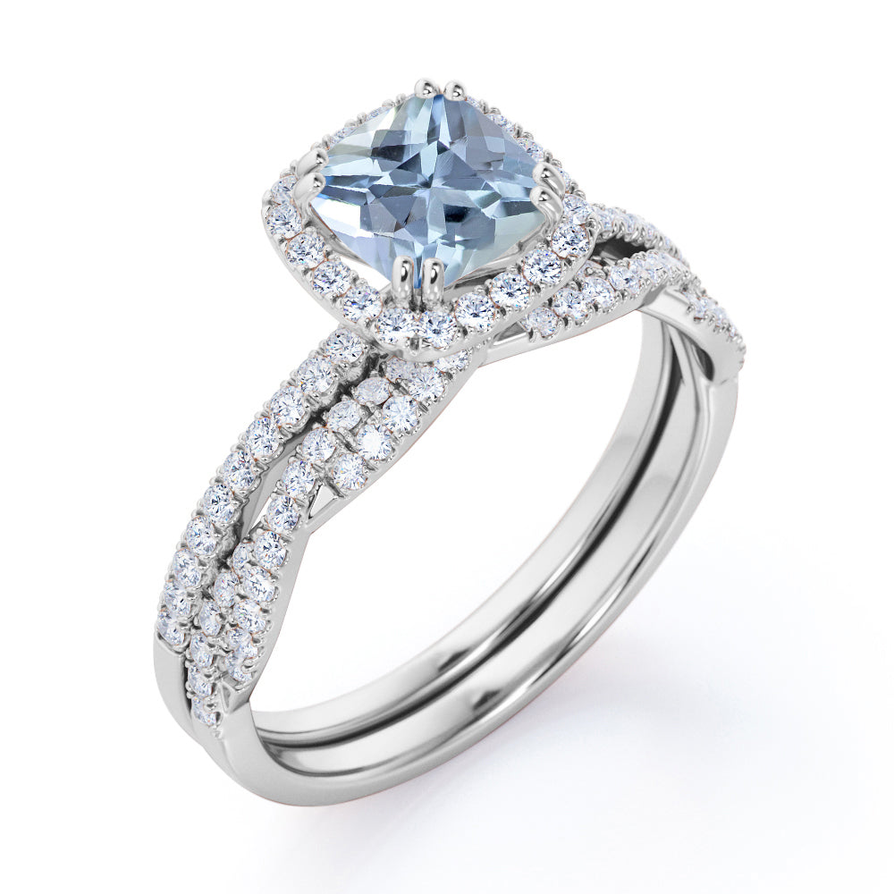 JeenMata Halo Prong Set - 1.5 Carat Cushion Cut Seafoam Created Aquamarine and Moissanite - Pave Twisted Infinity Wedding Ring Set - 18K White Gold Plating over Silver