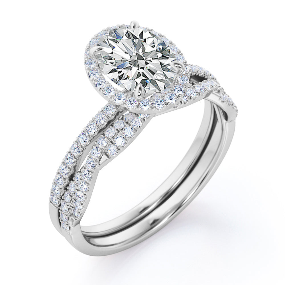1.50 Carat Oval Cut Moissanite Halo Wedding Ring Set