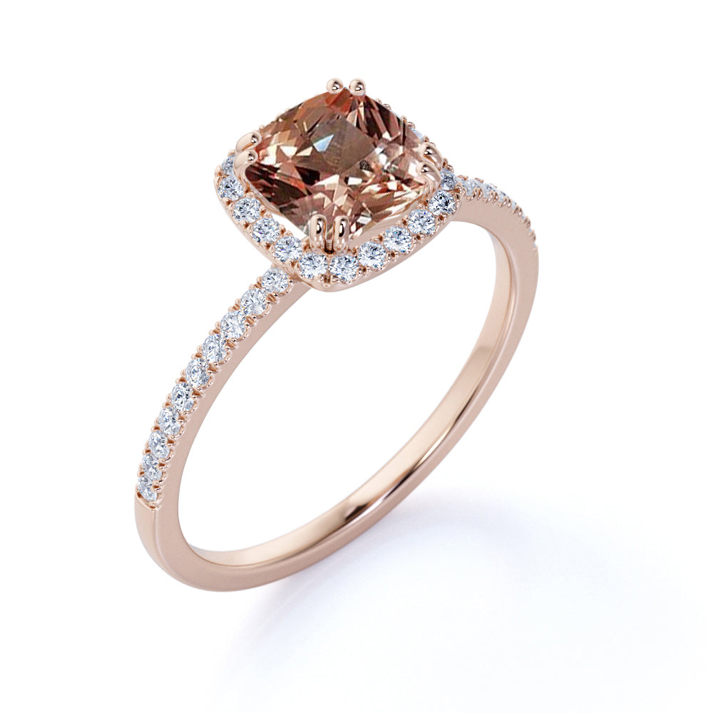 JeenMata 1.75 Carat Cushion Cut created morganite Halo Engagement Ring in 18k Rose Gold over Silver