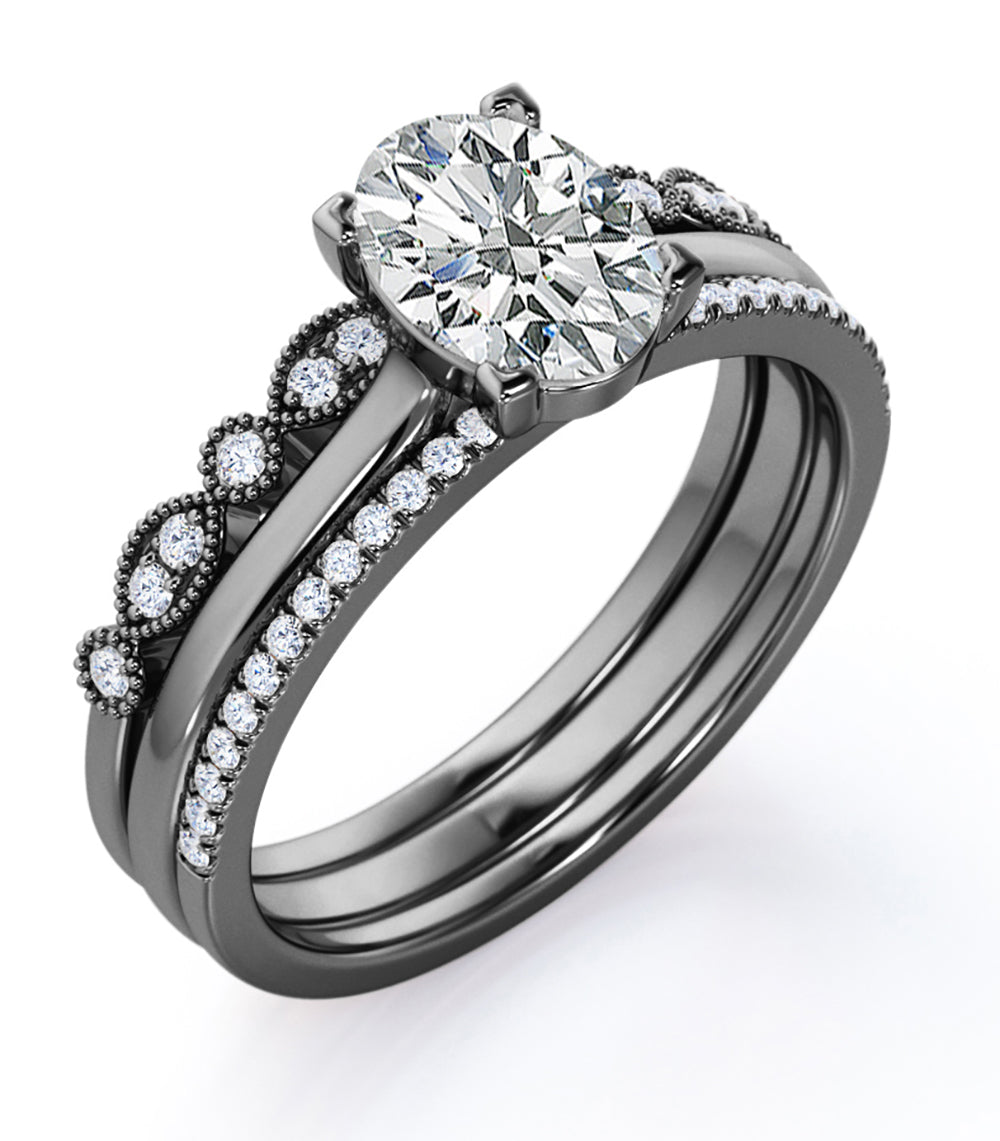 Solitaire 2 Carat Oval Cut Moissanite Art Deco Trio Set