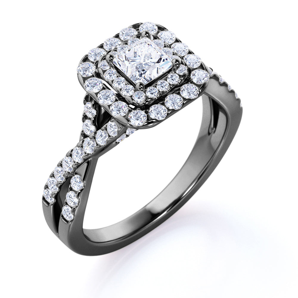 0.50 Carat - Square Cut Diamond - Twisted Band - Pave - Double Halo Engagement Ring - 10K White Gold