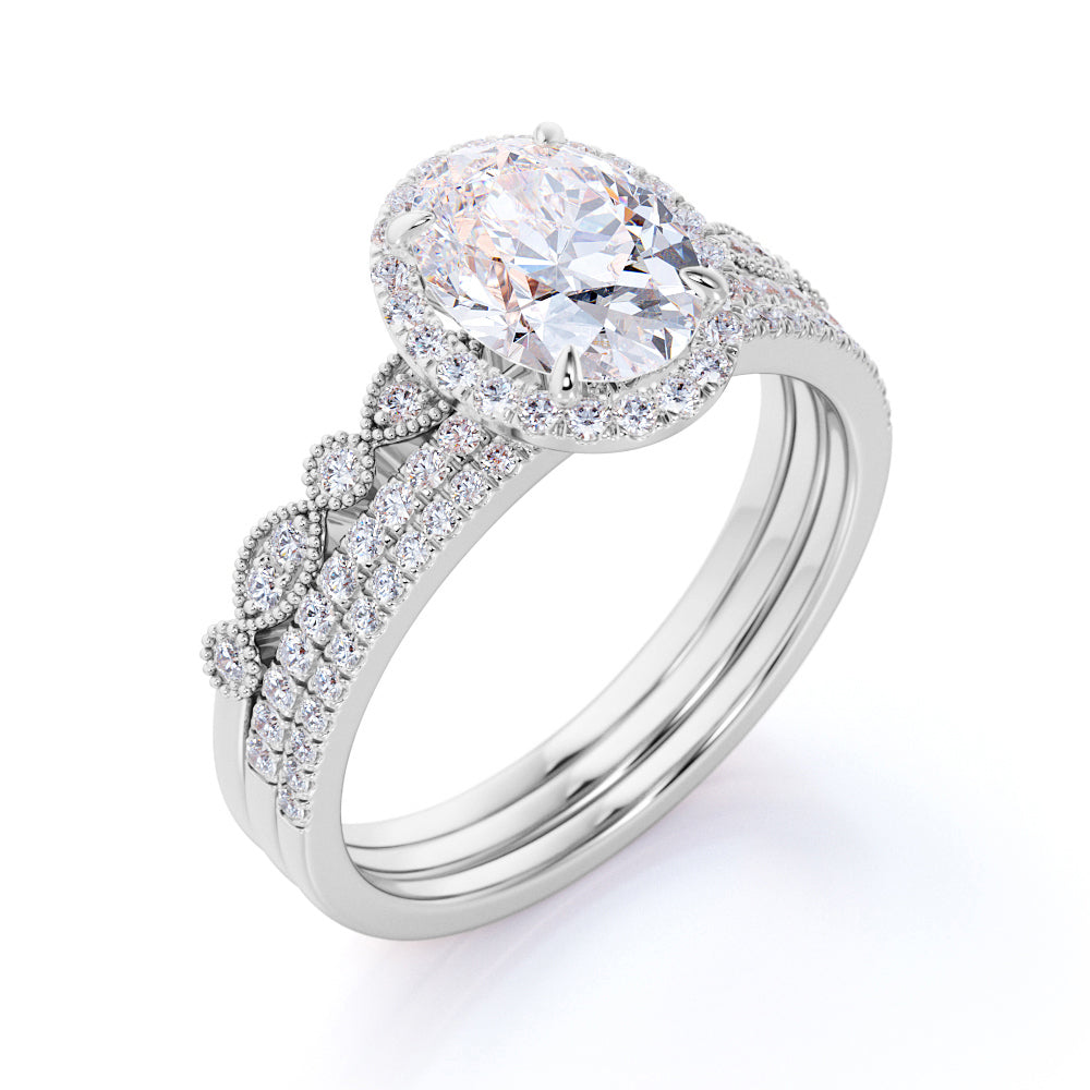 Art Deco 2 Carat Oval cut Real Moissanite Wedding Trio Ring Set with Engagement Ring and 2 Wedding Bands in 18k Gold Over Silver