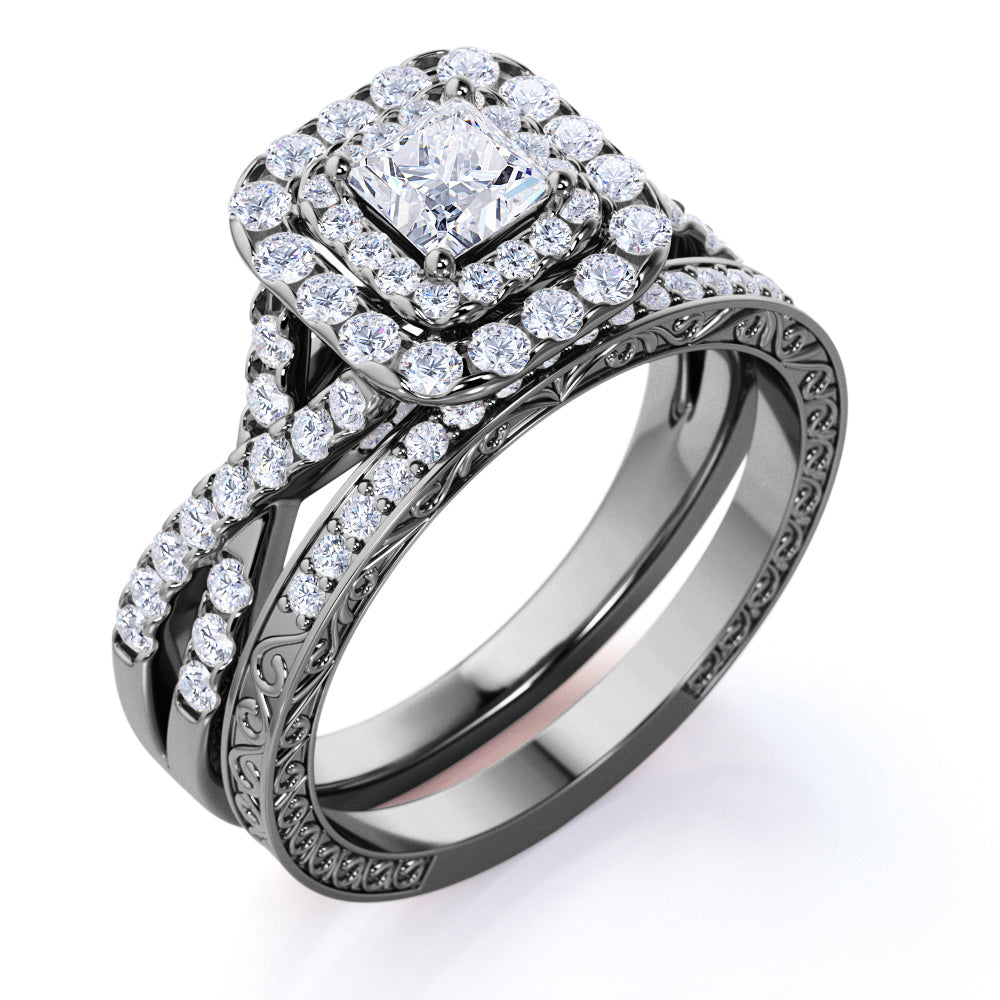 JeenMata Square Diamond - Double Halo - Twisted Band - Vintage Inspired - Pave - Wedding Ring Set in 10K Rose Gold