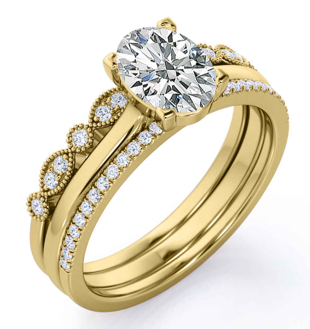 Solitaire 2 Carat Oval Cut Moissanite Art Deco Trio Set