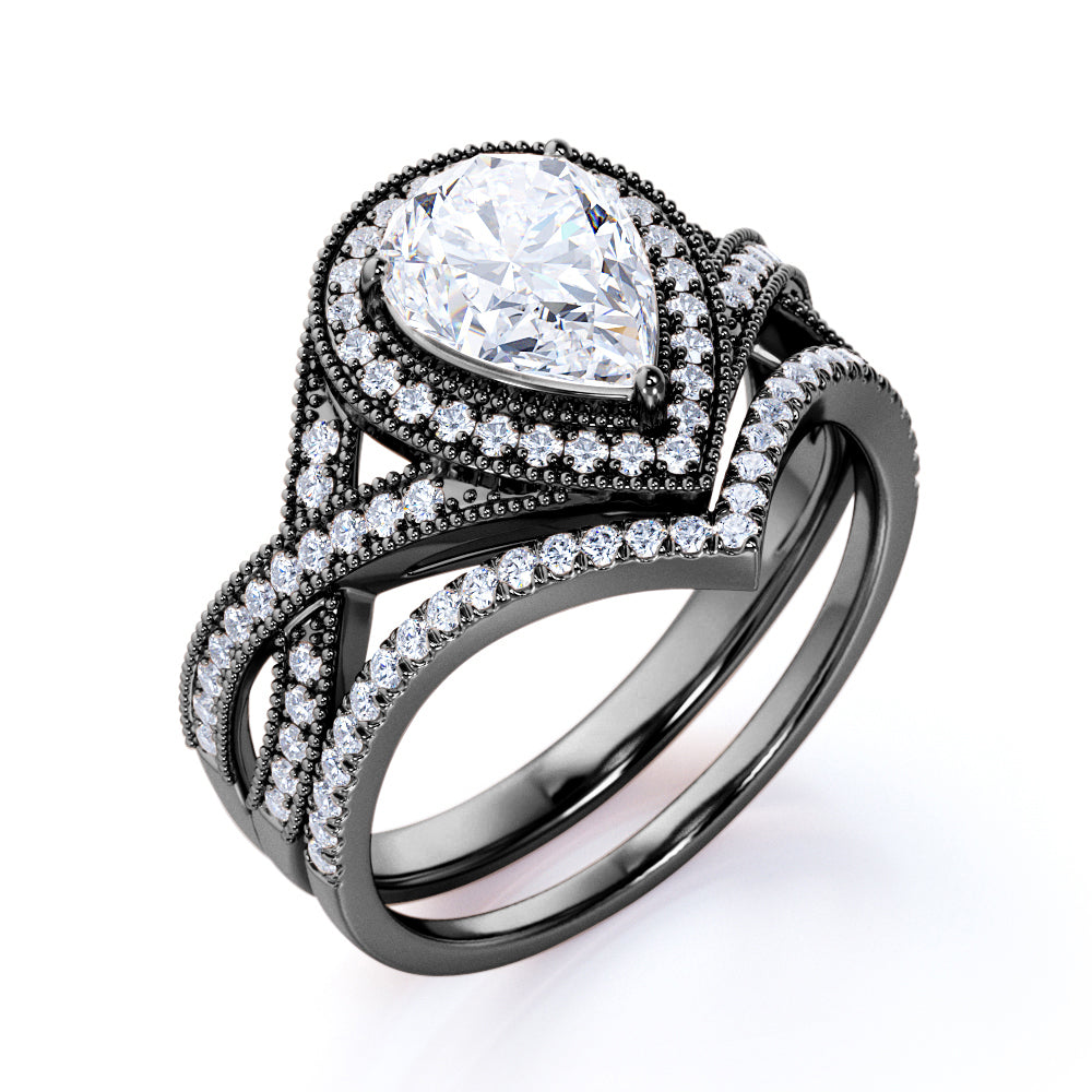 JeenMata 1.5 Carat Pear Cut Moissanite Wedding Set - Bridal Set - Art Deco Ring - Halo Ring - Cluster Ring - 18k Black Gold Plated for Women