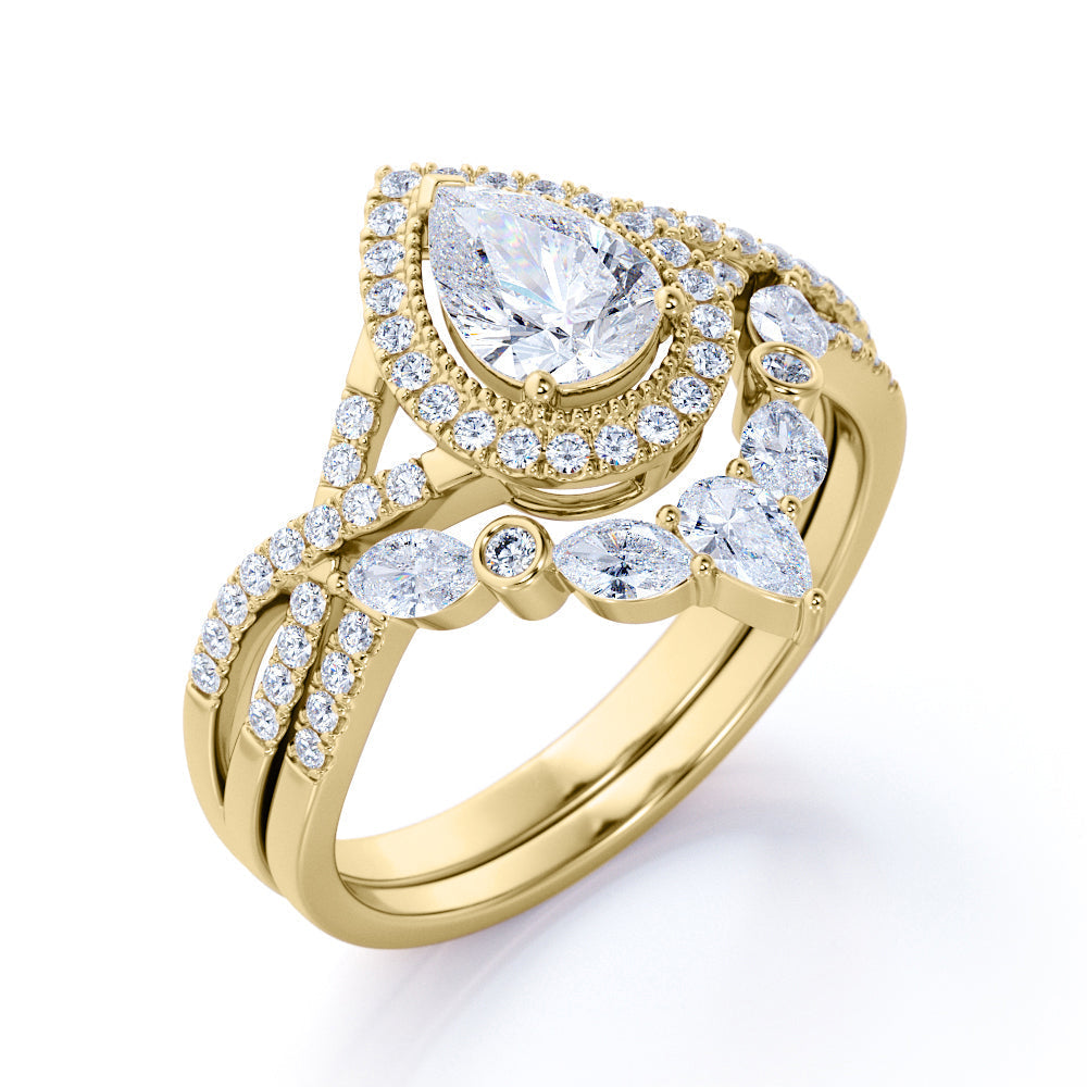 JeenMata 1.75 Carat Pear Cut Moissanite Bohemian Wedding Set - Infinity Engagement Ring with Art Deco Wedding Band in 10k White Gold