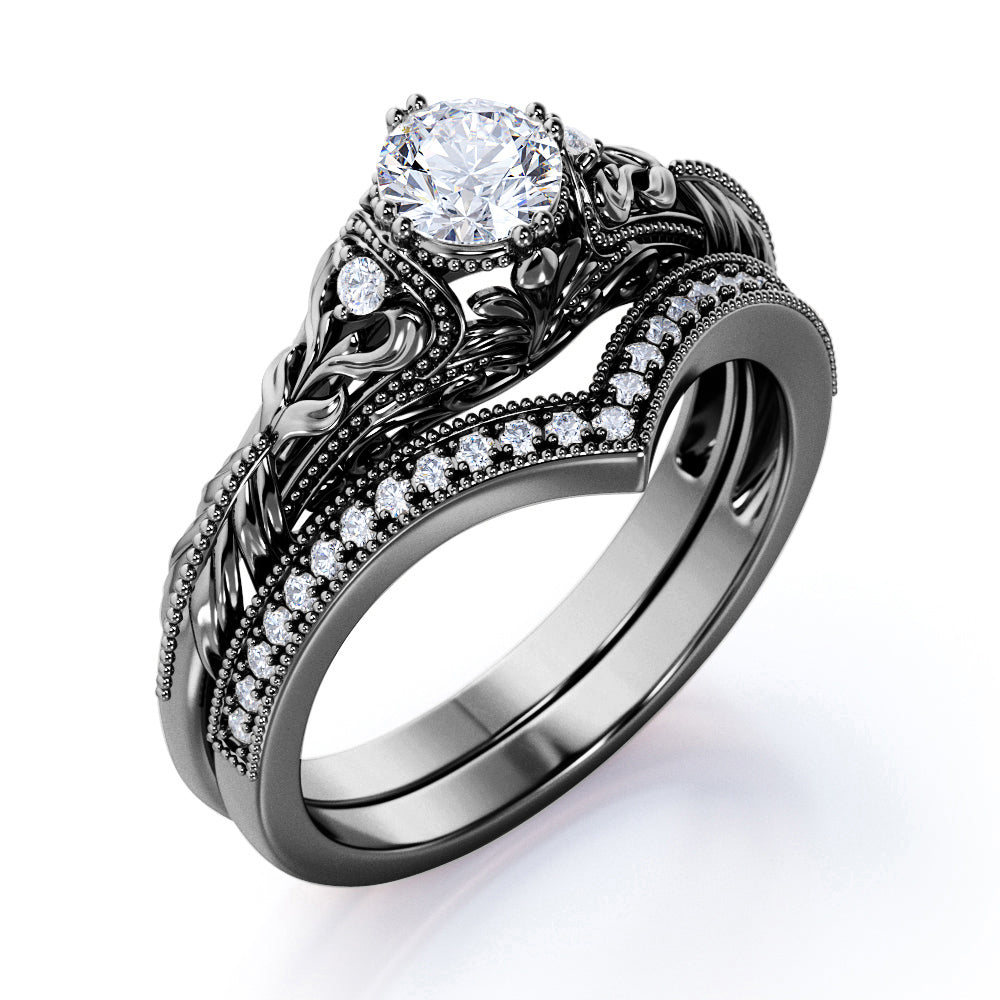 JeenMata Engraved 0.68 Carat Round Cut Real Diamond Victorian-Inspired Wedding Ring Set with Chevron Wedding Band in 10k White Gold