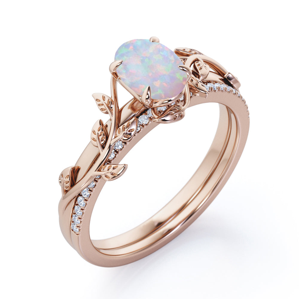 JeenMata Prong Setting 1.5 Carat Ovate Rainbow Opal and Moissanite Leaf Design Wedding Ring Set in 18K Black Gold Plating over Silver