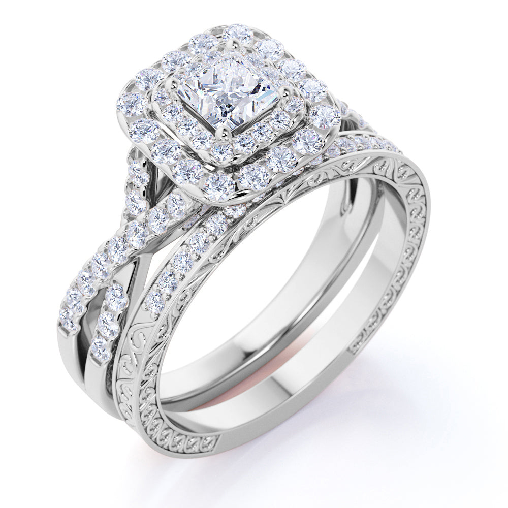JeenMata Square Diamond - Double Halo - Twisted Band - Vintage Inspired - Pave - Wedding Ring Set in 10K Rose Gold