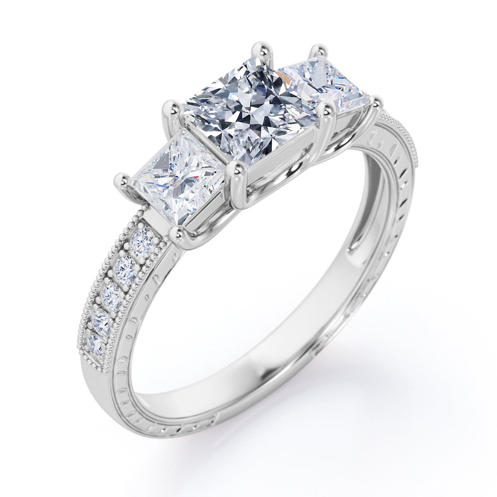 Trilogy 1.25 Carat Princess Cut Moissanite Milgrain Engagement Ring