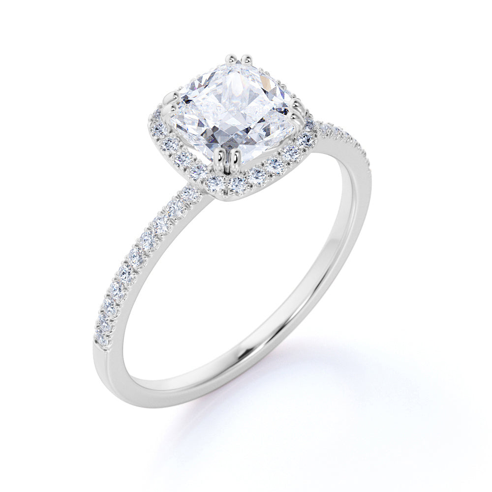 1.25 Carat Cushion Cut Moissanite Halo Engagement Ring Set