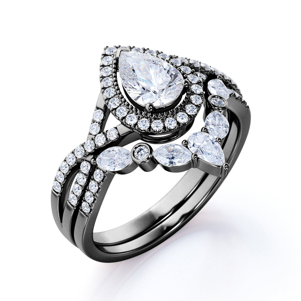 JeenMata 1.75 Carat Pear Cut Moissanite Bohemian Wedding Set - Infinity Engagement Ring with Art Deco Wedding Band in 10k White Gold