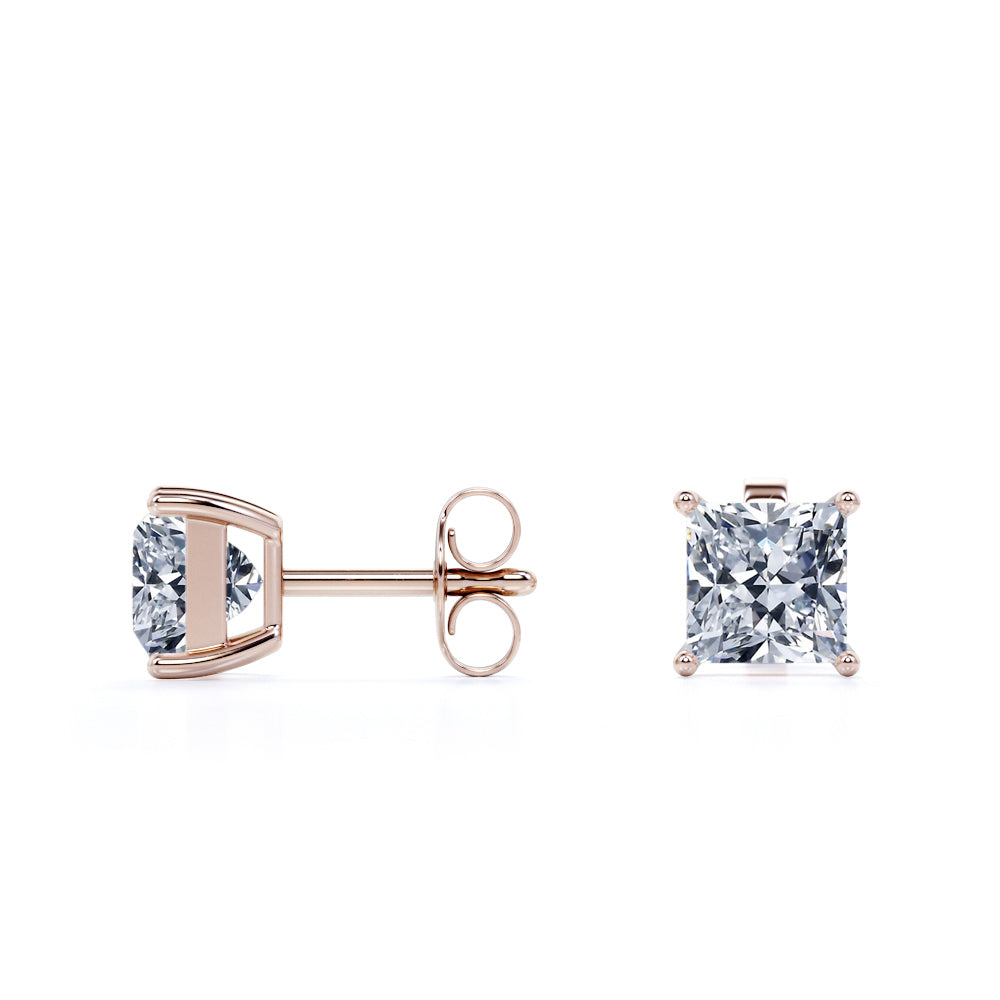 4 Carat Princess Cut Moissanite 4 Prong Solitaire Stud Earrings In 18K Rose Gold Plating Over Silver