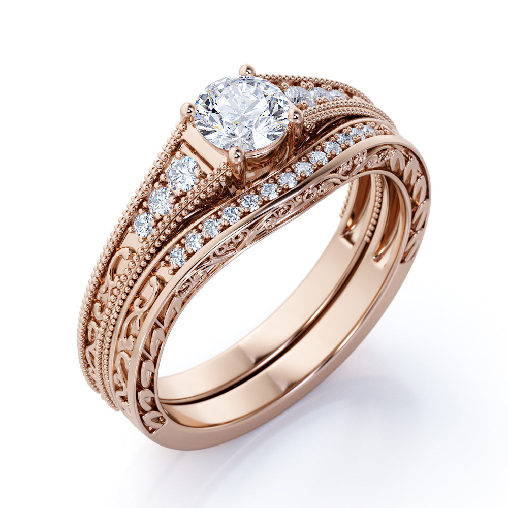 Certified 1.5 CT Round Lab Diamond Vintage Milgrain Bridal Set