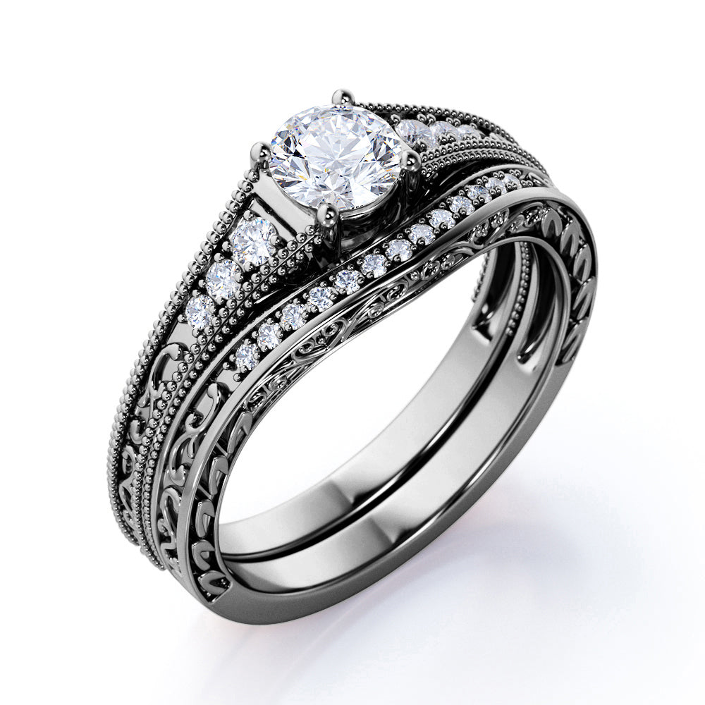 Certified 1.5 CT Round Lab Diamond Vintage Milgrain Bridal Set