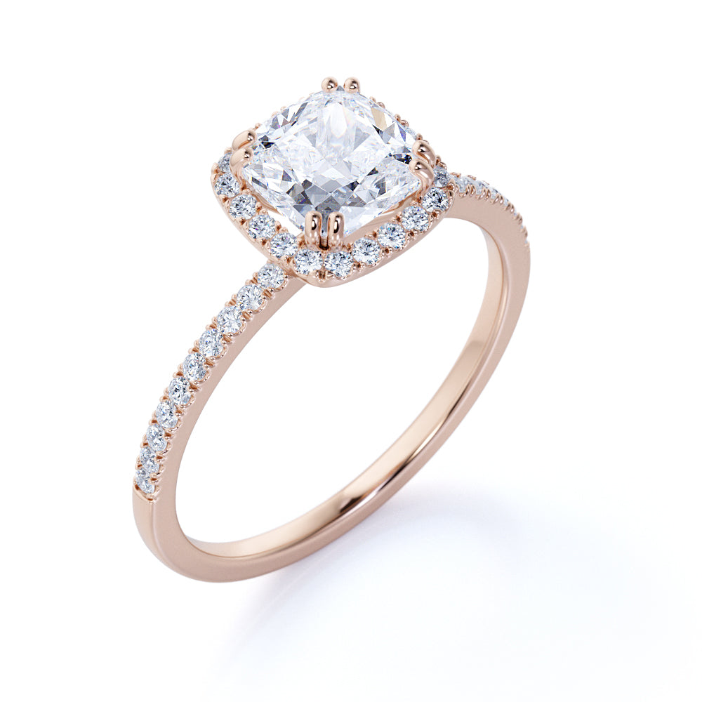 1.25 Carat Cushion Cut Moissanite Halo Engagement Ring Set