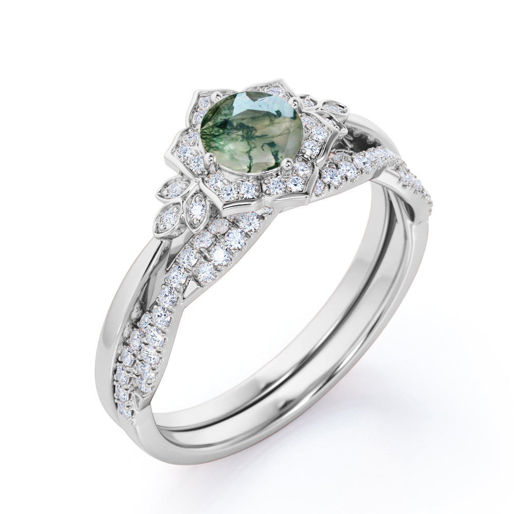JeenMata Flower Halo Bezel 1.5 Carat Round Cut Milky Dendritic Moss Green Agate and Moissanite Infinity Twisted Band Wedding Ring Set in 18K Rose Gold Plating over Silver